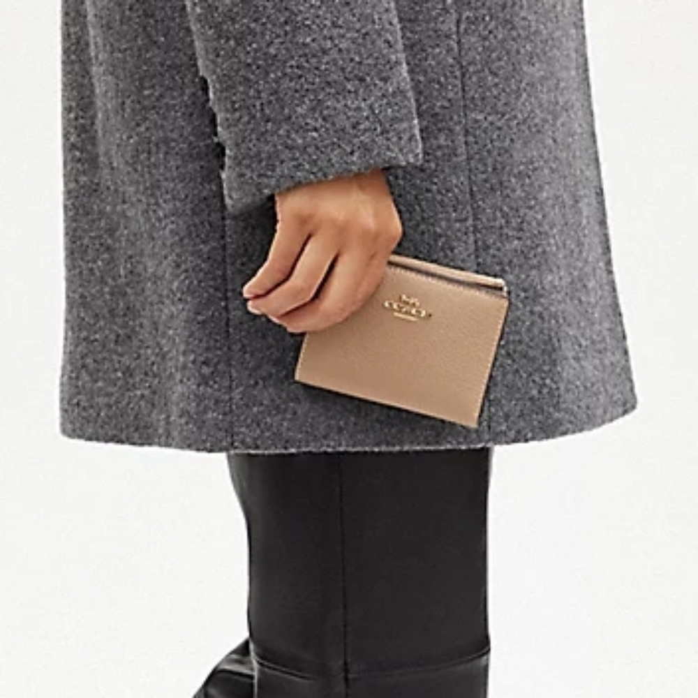 😍 Coach Mini Taupe Tan Refined Pebbled Leather Bifold Snap Wallet - Picture 3 of 11